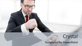  Presentation with accounts recievable debt - Slide deck having chief financial - serious businessman checking accounts while background and a light gray colored foreground