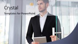  Presentation with tablet - Slides with chief financial - serious young businesman holding tablet background and a light gray colored foreground