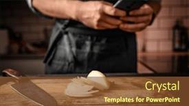  Presentation with man holding phone - Presentation theme with chief-hands-holding-smartphone background and a tawny brown colored foreground