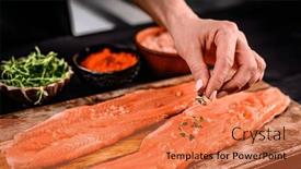  Presentation with healthy nutrition - PPT layouts enhanced with chief-hands-preparing-fresh-trout background and a coral colored foreground