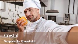  Presentation with restaurant kitchen - Audience pleasing theme consisting of chiefs - photo of pleased male chief backdrop and a violet colored foreground