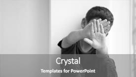  Presentation with child abuse neglect - Colorful presentation design enhanced with child abuse neglect - little boy hiding face indoors backdrop and a gray colored foreground