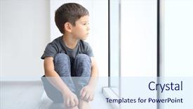  Presentation with domestic violence - Audience pleasing slide set consisting of child abuse neglect - little boy sitting on windowsill backdrop and a sky blue colored foreground