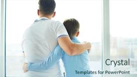  Presentation with rear view of bodyguard - Audience pleasing PPT theme consisting of father kid - rear view of man embracing backdrop and a light blue colored foreground
