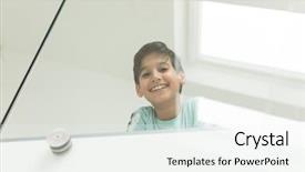  Presentation with home - Slide set consisting of child adolescent development - happy boy at home background and a  colored foreground