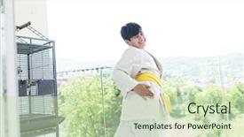  Presentation with home - Slide deck with child adolescent development - happy boy at home background and a  colored foreground