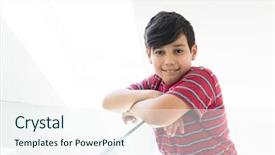  Presentation with energy conservation home - Theme with child adolescent development - happy boy at home background and a  colored foreground