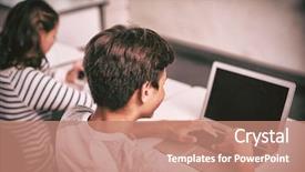  Presentation with classroom - Slide deck enhanced with child adolescent development - student using laptop in classroom background and a coral colored foreground