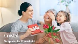  Presentation with grandma - Cool new PPT layouts with child and mom congratulating granny backdrop and a coral colored foreground
