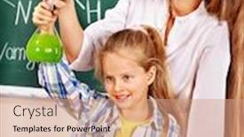  Presentation with chemistry - Audience pleasing PPT theme consisting of child and teacher holding flask in chemistry class backdrop and a coral colored foreground