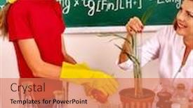  Presentation with plant biology - Slide deck featuring child and teacher holding live plant in biology class background and a coral colored foreground