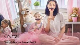  Presentation with family playing board game - Theme having child are holding paper mustache background and a coral colored foreground