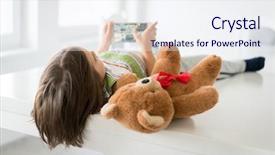  Presentation with teddy bear - Audience pleasing presentation design consisting of child at home with teddy backdrop and a sky blue colored foreground