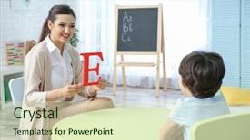  Presentation with teacher lesson plan - Presentation design featuring child behaviour - young woman teacher and little background and a soft green colored foreground