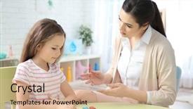  Presentation with woman child - Theme enhanced with child behaviour - young woman teacher and little background and a soft green colored foreground