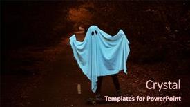  Presentation with ghost - Slide deck having child boy boy in a ghost costume rides on a skateboard on the road in the park halloween party background and a wine colored foreground