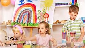  Presentation with paper cutting - Colorful presentation theme enhanced with child boy cutting out scissors paper in preschool backdrop and a coral colored foreground