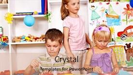  Presentation with paper cutting - Slide set having child boy cutting out scissors paper in preschool background and a coral colored foreground