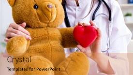  Presentation with toy - Presentation design featuring child-checking-soft-toy-health background and a gold colored foreground