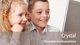  Presentation with happy kids at indoor playground - Cool new PPT theme with child communication - children with laptop indoors happy backdrop and a  colored foreground