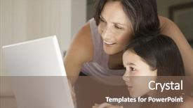  Presentation with displaying a happy mother cudd - Colorful slides enhanced with child communication - happy mother assisting daughter backdrop and a  colored foreground