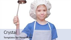  Presentation with teen food - Presentation theme enhanced with child cook with metal ladle background and a light blue colored foreground