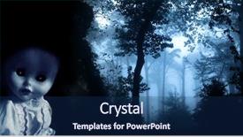  Presentation with foggy forest - PPT theme consisting of child death - vintage evil spooky doll background and a navy blue colored foreground