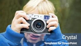  Presentation with collage of retro camera - Presentation theme featuring child dedication - young photographer holding a retro background and a  colored foreground
