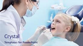  Presentation with colorful teeth movable - Audience pleasing slides consisting of child dental chair - dentist treats teeth patient backdrop and a sky blue colored foreground