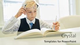  Presentation with accountant - PPT theme with child-disguised-as-a-businessman background and a soft green colored foreground