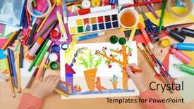  Presentation with rabbit - PPT theme with child drawing rabbit with carrot background and a coral colored foreground