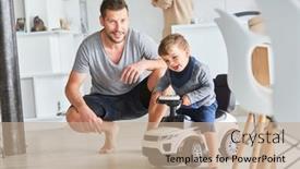  Presentation with living room - Beautiful PPT theme featuring child-drives-with-slide-car backdrop and a coral colored foreground