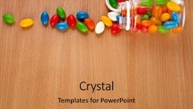  Presentation with bottle - Presentation having child drugs addiction - colored pills spilled background and a coral colored foreground