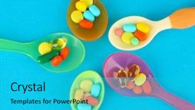  Presentation with addiction - Presentation theme with child drugs addiction - plastic spoons with color pills background and a teal colored foreground