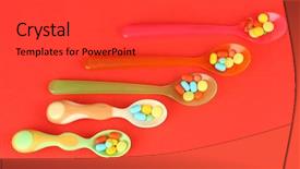  Presentation with pills - Theme featuring child drugs addiction - plastic spoons with color pills background and a  colored foreground