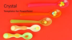  Presentation with pills - Slides enhanced with child drugs addiction - plastic spoons with color pills background and a  colored foreground
