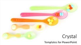  Presentation with plastic - Audience pleasing presentation theme consisting of child drugs addiction - plastic spoons with color pills backdrop and a  colored foreground