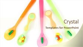  Presentation with pills - PPT theme with child drugs addiction - plastic spoons with color pills background and a  colored foreground