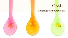  Presentation with capsules pills pill doctor prescription - Amazing PPT theme having child drugs addiction - plastic spoons with color pills backdrop and a  colored foreground