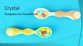  Presentation with pills - PPT theme enhanced with child drugs addiction - plastic spoons with color pills background and a  colored foreground