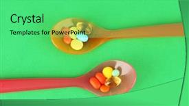  Presentation with green color - Theme featuring child drugs addiction - plastic spoons with color pills background and a  colored foreground