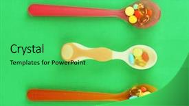  Presentation with green smoke color - Cool new PPT layouts with child drugs addiction - plastic spoons with color pills backdrop and a seafoam green colored foreground