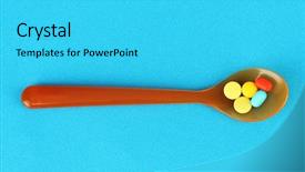  Presentation with plastic - Colorful PPT layouts enhanced with child drugs addiction - plastic spoons with color pills backdrop and a cyan colored foreground