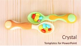  Presentation with pills - Slides with child drugs addiction - plastic spoons with color pills background and a  colored foreground