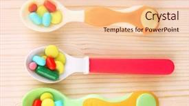  Presentation with pills - Slides featuring child drugs addiction - plastic spoons with color pills background and a  colored foreground
