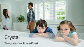  Presentation with sad child parents arguing - PPT layouts with child dysfunctional families - portrait of sad siblings listening background and a sky blue colored foreground