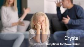  Presentation with family quarreling - PPT theme featuring child dysfunctional families - sad little girl in room background and a ocean colored foreground