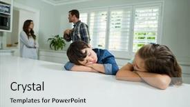  Presentation with sad child - Theme having child dysfunctional families - sad siblings listening their parents background and a  colored foreground