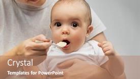  Presentation with baby food - Slide set consisting of child eating and food concept - close up of mother with spoon feeding little baby background and a coral colored foreground