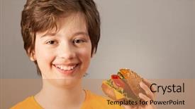  Presentation with child eat - Slide deck consisting of child eats burger on grey background and a  colored foreground